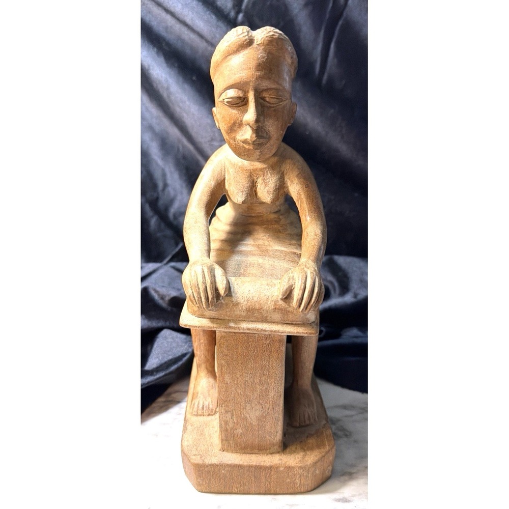 HANDCARVED WOOD STATUE HAITIAN ~ FEMALE~ SIGNED 10 x 5 x 3.5 (2844)